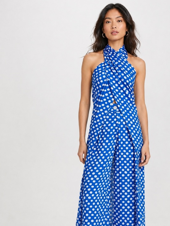 the lulo project Tops - The Lulo Project Blue Polka Dot Halter Wrap Top Linen Cotton Resort Small